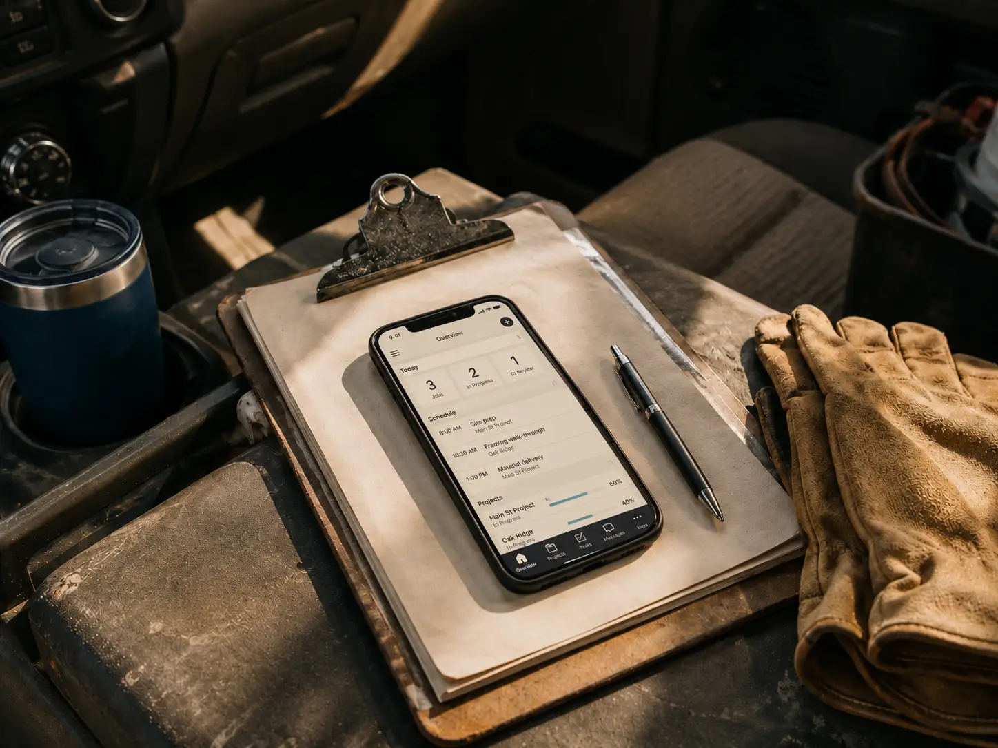 A simple custom app on a phone resting on a work clipboard.