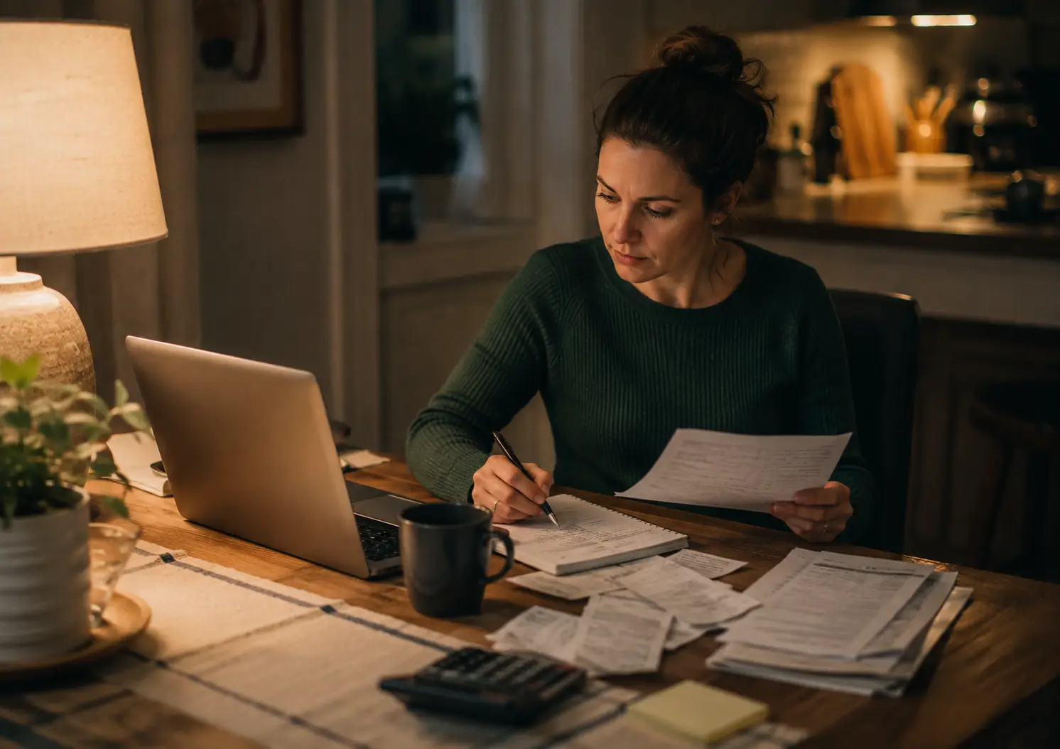 A bookkeeper at a kitchen table with papers and a laptop.