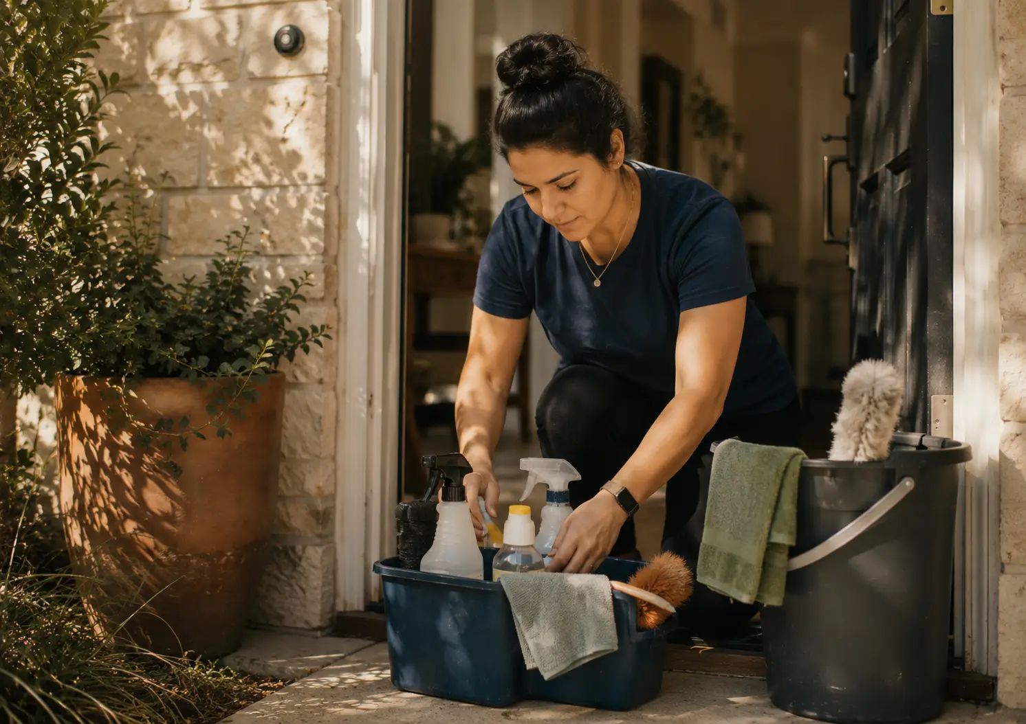A house cleaner organizing supplies in a sunlit doorway.