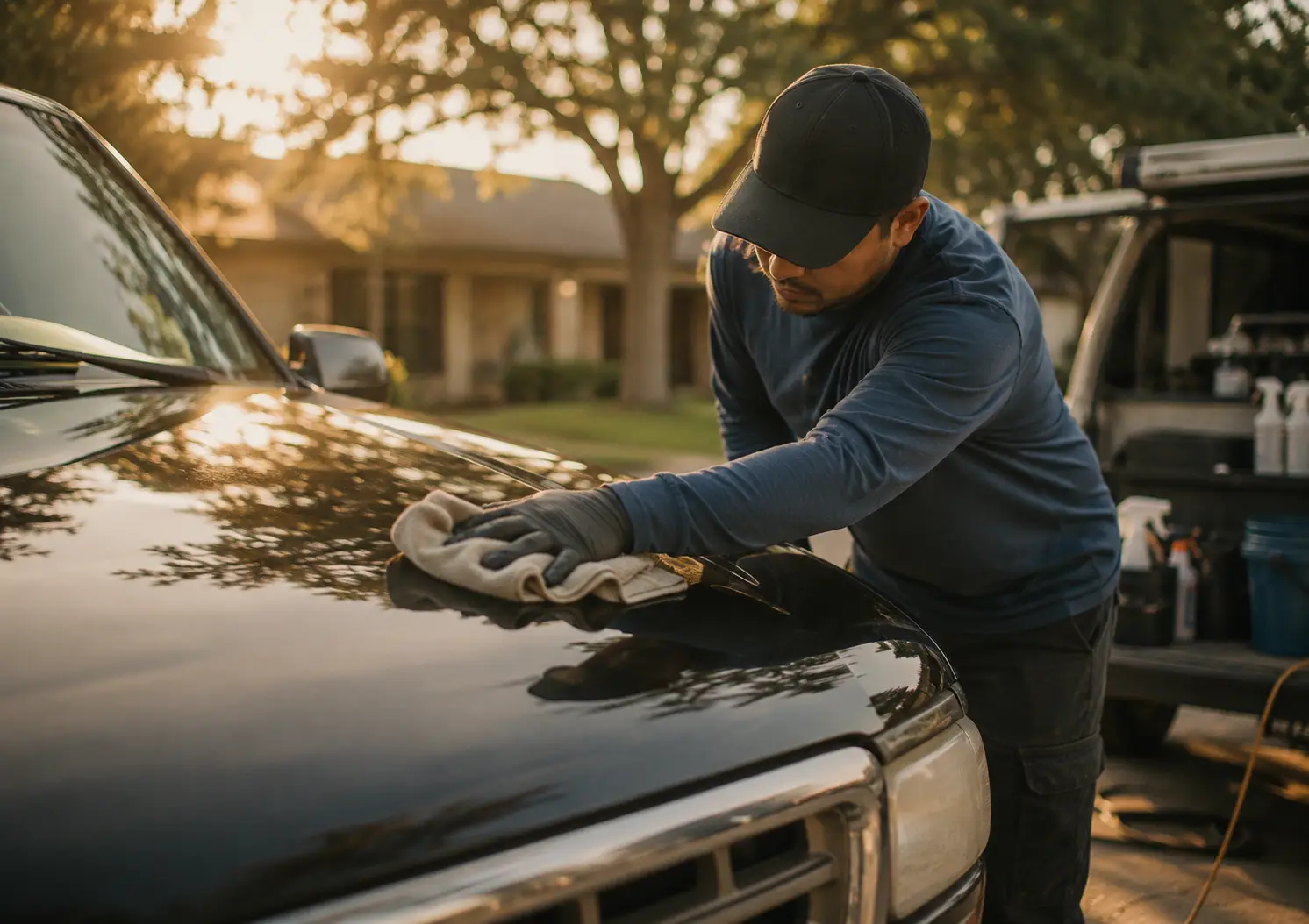 A mobile detailer wiping down a car hood.