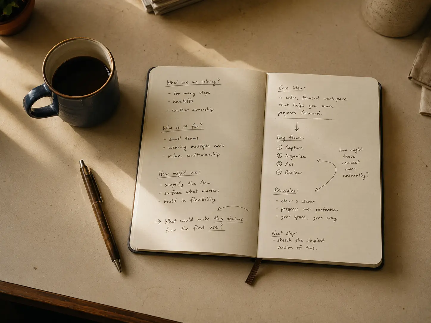 A notebook, pen, and coffee on a worktable, set for a conversation.