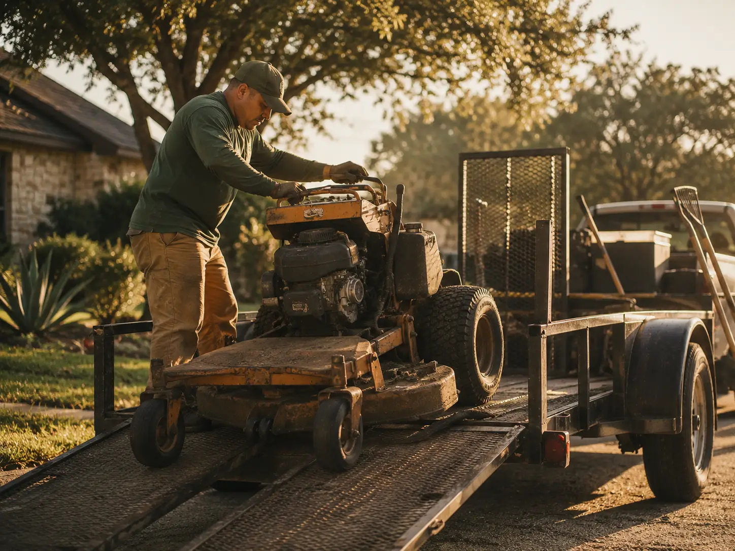 A landscaper loading a mower into a trailer in morning light.